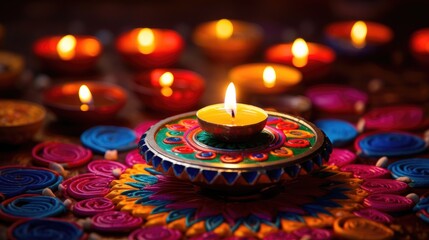 Obraz na płótnie Canvas Oil lamps lit on colorful rangoli during diwali celebration Colorful clay diya lamps with flowers