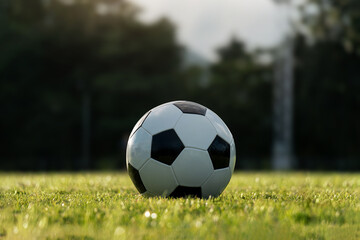 Soccer ball on grass field youth academy practice, football sport and exercise concept.