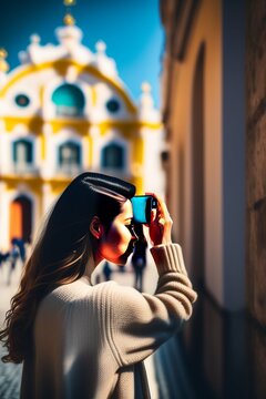 Picture of a young woman taking photos in lisbon portrait AI Generated beautiful Woman 
