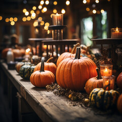  a stock photo of a wooden table topped with lots of pumpkins and candles