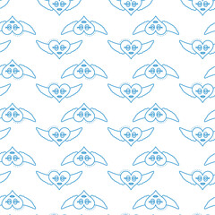 Digital png illustration of blue hearts with wings repeated on transparent background