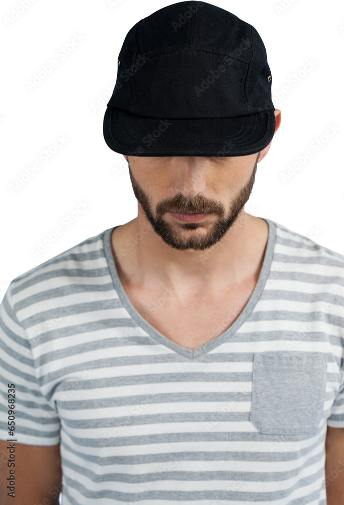 Wall mural Digital png photo of serious caucasian man in black cap on transparent background