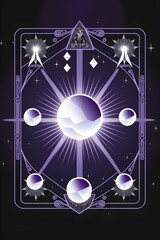 minimalist sticker vector lines art black tarot card beautiful moon surrounded by four big crystals and stars purple blue white magical symbols symmetrical design symmetry illustration elegant 