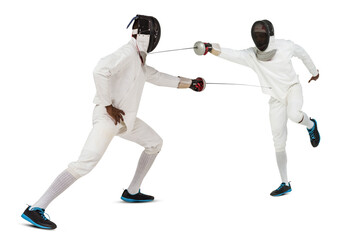 Digital png photo of two swordsmen during fight on transparent background