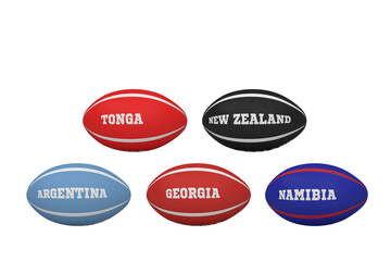 Digital png illustration of rugby balls with names of different countries on transparent background