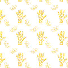 Digital png illustration of yellow hands and human figures repeated on transparent background