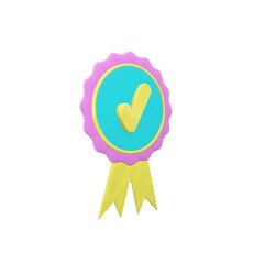 3d illustration, Achievement badge. Profile Verification. Check mark icon for kids label in plasticine, polymer clay, clay doh, play doh texture sign symbol.