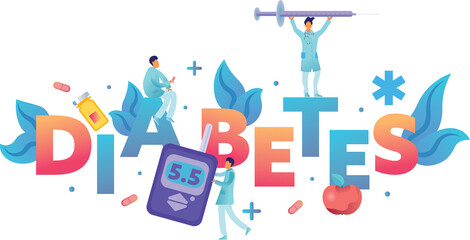 Digital png illustration of diabetes text with things related to diabetes on transparent background