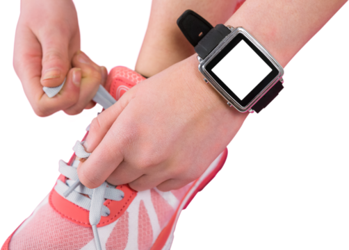 Digital png photo of shoe tying and wristwatch with copy space on transparent background