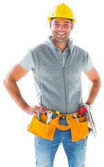 Digital png photo of happy caucasian worker with working tools and helmet on transparent background