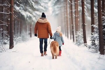 Back view of a Caucasian family - father and daughter, walking their pet golden retriever in the winter forest. Active Christmas holidays.