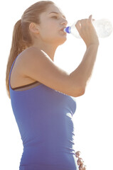Fototapeta premium Digital png photo of caucasian female runner drinking water on transparent background