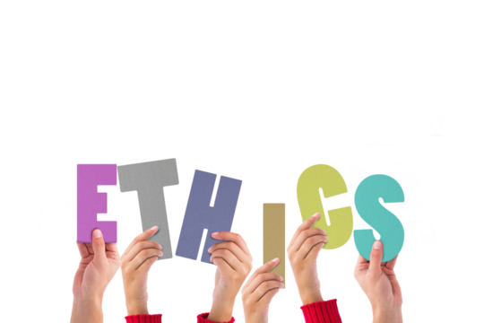 Digital png illustration of hands with ethics text on transparent background