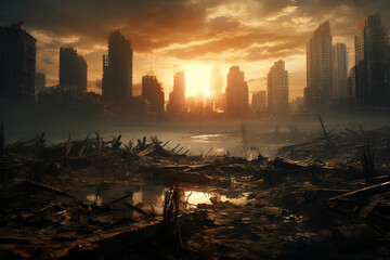 the destroyed city is burning Doomsday. End of the world. Burning fire, explosions,