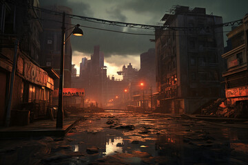 the destroyed city is burning Doomsday. End of the world. Burning fire, explosions, - obrazy, fototapety, plakaty