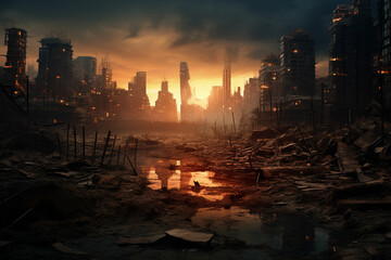Fototapeta premium the destroyed city is burning Doomsday. End of the world. Burning fire, explosions,