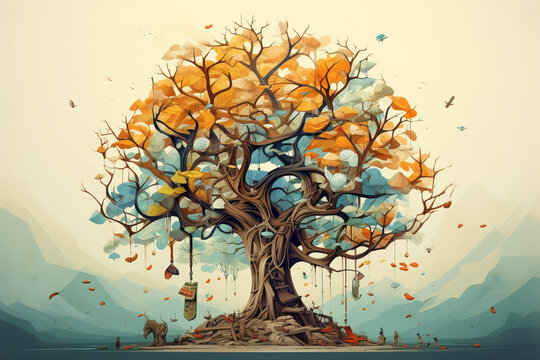 an artistic illustration of a tree with leaves