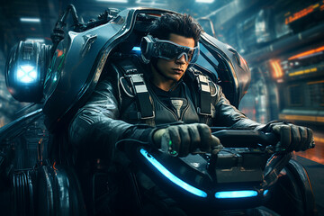 a woman in a futuristic suit is looking Cyborg in futuristic ride