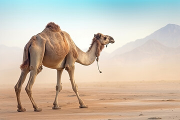 Side view of a camel standing in a desert