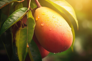 Ripe delicious mango growing on a tree - Powered by Adobe