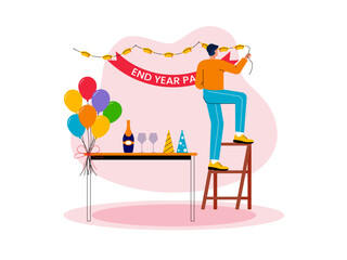 End of year celebration party concept vector illustration. Year end flat vector illustration. A men are putting up house decorations vector illustration.