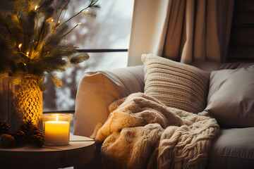 Cozy winter atmosphere at home. Warm and inviting interior. Knitted blanket, candle light - obrazy, fototapety, plakaty