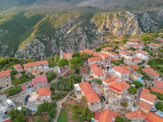 Old traditional stoned buildings and houses in Vorio village located near Kentro Avia and Pigadia Villages in Mani area, Taygetus Mount, Messenia, Greece