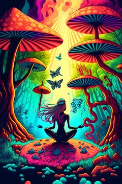 there is sun goddess practicing yoga on the ground deep in a bright forest butterflies are flying colorful mushrooms everywhere bright colors a surrealistic drawing the focus of the painting is the 