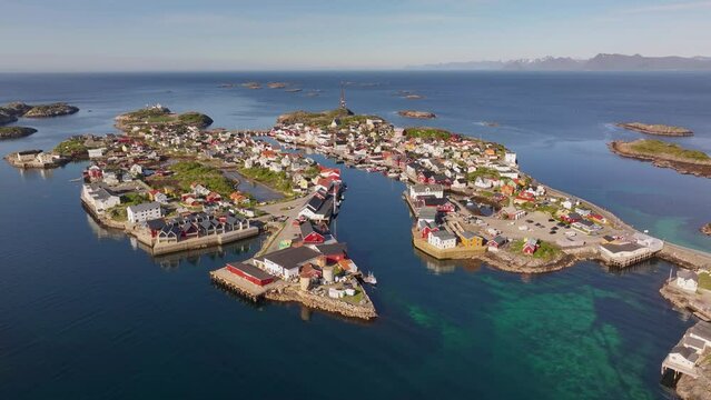 Aerial view of Henningsvaer village in Lofoten, Norway. A popular travel destination.