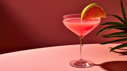 Delicious Pink Cocktail with Slice of Lemon on a Solid Pink Color Background