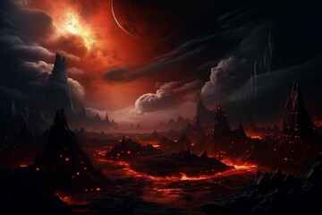 an alien landscape with red and orange clouds