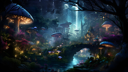 Fantasy fantasy landscape with fantasy forest, bridge and mushrooms, ai generated