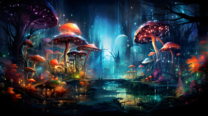 Fantasy fantasy landscape with fantasy forest, bridge and mushrooms, ai generated - obrazy, fototapety, plakaty