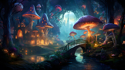 Fantasy fantasy landscape with fantasy forest, bridge and mushrooms, ai generated