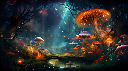 Fantasy forest with mushrooms. Fairytale landscape. ai generated