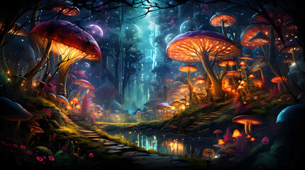 Fantasy forest with mushrooms. Fairytale landscape. ai generated