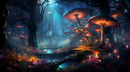 Fantasy forest with mushrooms. Fairytale landscape. ai generated
