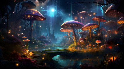 Fantasy forest with mushrooms. Fairytale landscape. ai generated