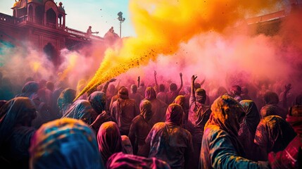 Fototapeta na wymiar People celebrate colorful Holi festival in India, annual tourism colors, India