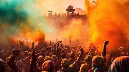 Gordijnen People celebrate colorful Holi festival in India, annual tourism colors, India © somchai20162516