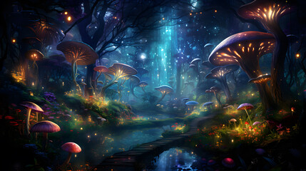 Obraz premium Fantasy landscape with magic forest and mushrooms, ai generated
