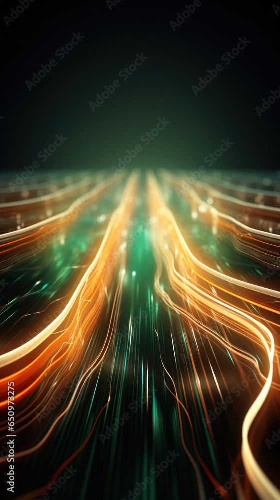 Poster abstract background with gold and green glowing neon moving high speed line and wave and bokeh light