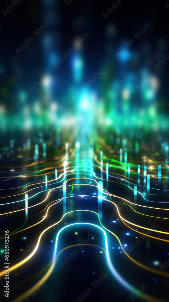 Poster abstract background with gold, green, blue glowing neon moving high speed line and wave and bokeh li