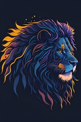 a silhouette design  of a lion, sunset design, t- shirt art, 3D vector art, cute and quirky, bright bold colorful.,  black background, watercolor effect, , digital painting, low-poly, soft lighting, b