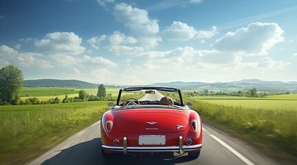 Vista trasera de un coche clásico descapotable de colo rojo y un campo verde - obrazy, fototapety, plakaty