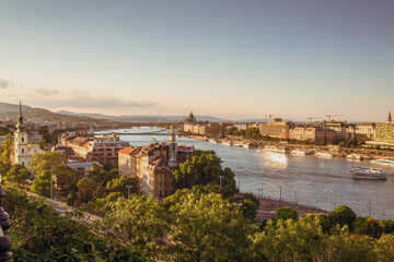 Fototapeta na wymiar View of Budapest from Gellert hill on summer evening.