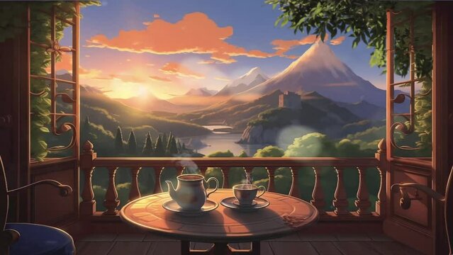 Beautiful fantasy clear day sky landscape from the balcony of the house. animation cartoon style video art design
