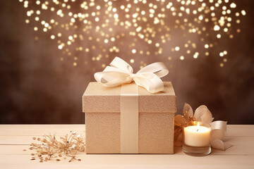 gift box with gold ribbon and star on golden background