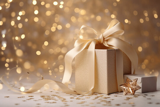 gift box with gold ribbon and star on golden background