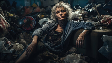 Obraz na płótnie Canvas Depressed Elderly Woman Sits in a Very Dirty Room. Social Problems, ADHD Concept 